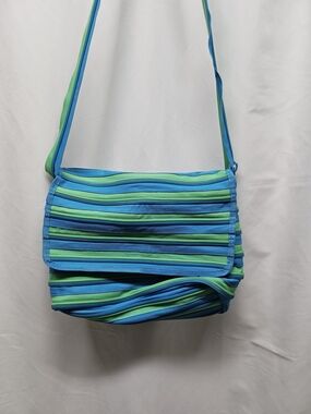 Blue & Green Striped Zipper Crossbody Shoulder Bag